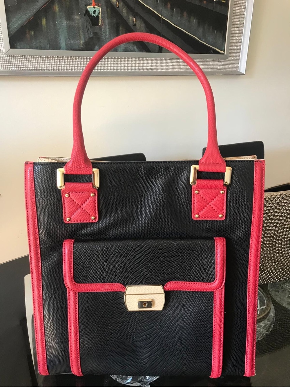 Love Moschino Structured Black Tote with Pink Trim and Gold Hardware UNIQUE